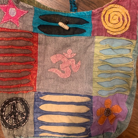 Boho tote with peace ☮️ sign, om symbol, other designs VINTAGE, no maker mark - Picture 9 of 11